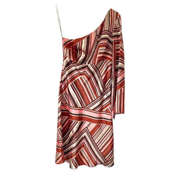 Shoshanna Dresses & Skirts - Shoshanna Silk Stripe One Shoulder Dress size 8 Brown Pink Cream